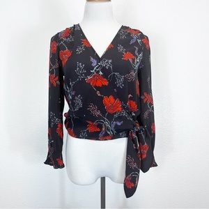 Madewell 100% Silk Smocked Sleeve Wrap Blouse Top Black & Red Floral Size Small